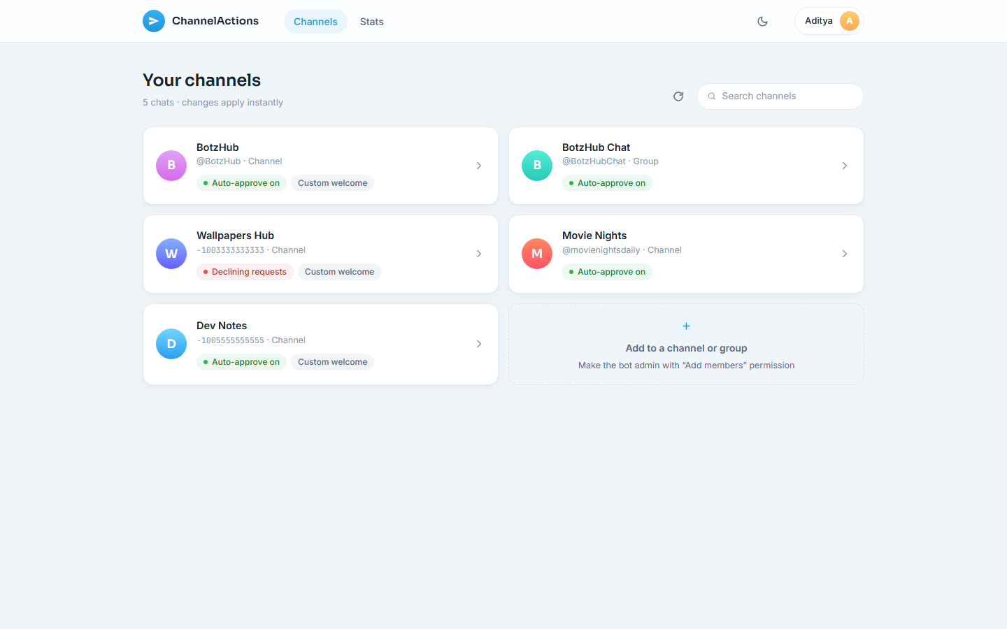 The ChannelActions dashboard listing five channels and groups, each showing its approval mode and whether a custom welcome is set.